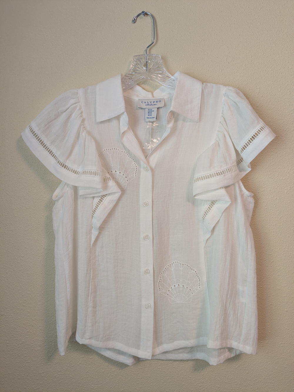 Calypso St. Barth White Ruffle Sleeve Button-Front Top With Shells Embroidery
